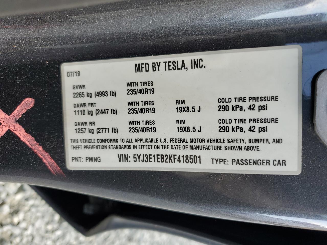 5YJ3E1EB2KF418501 2019 Tesla Model 3