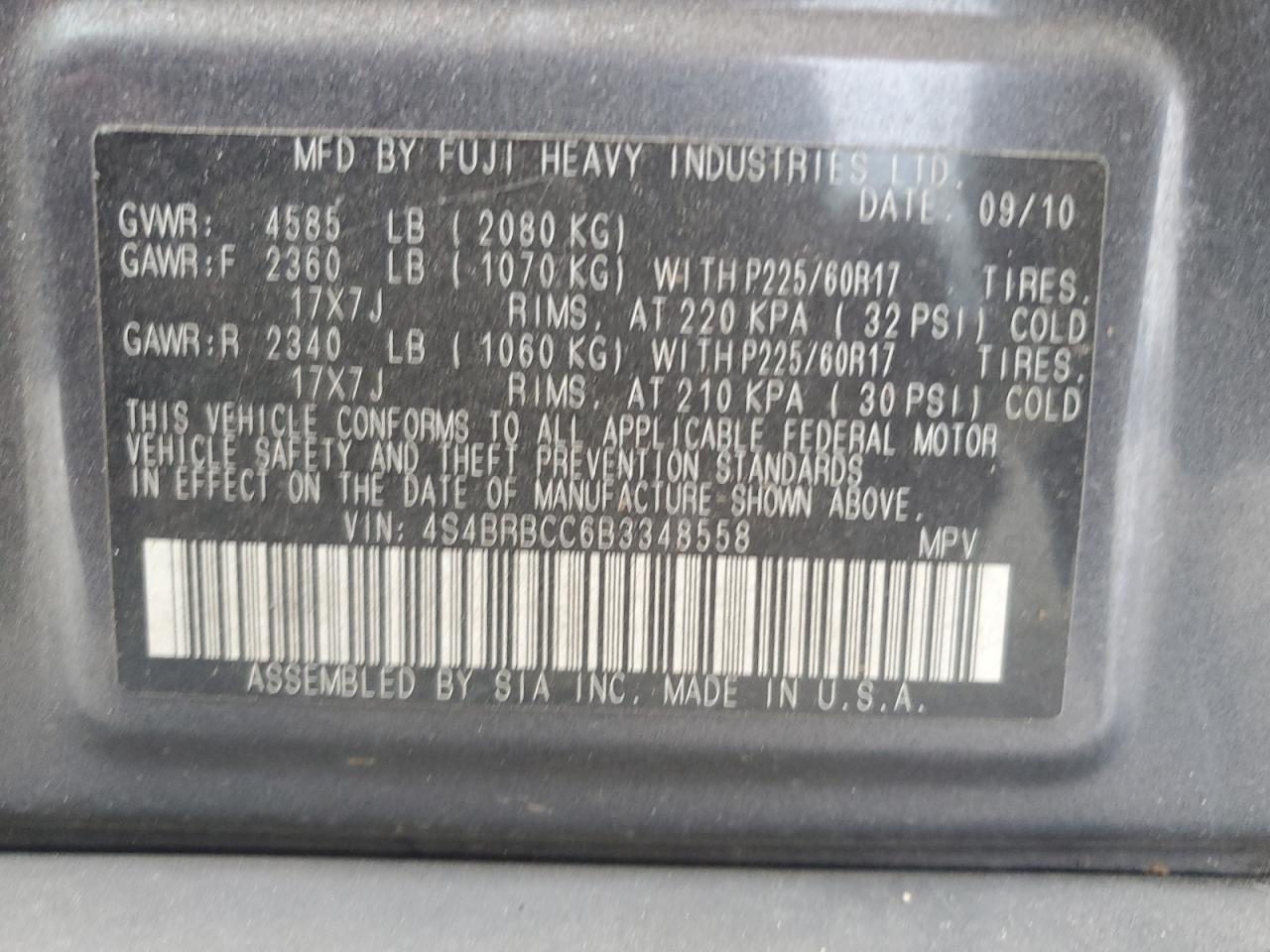 4S4BRBCC6B3348558 2011 Subaru Outback 2.5I Premium