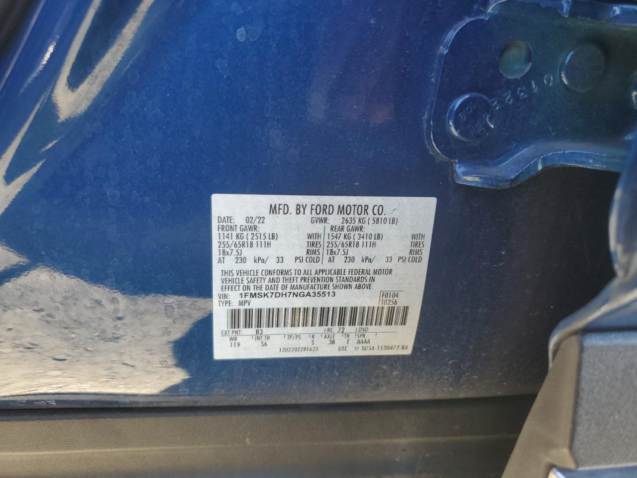 1FMSK7DH7NGA35513 2022 Ford Explorer Xlt