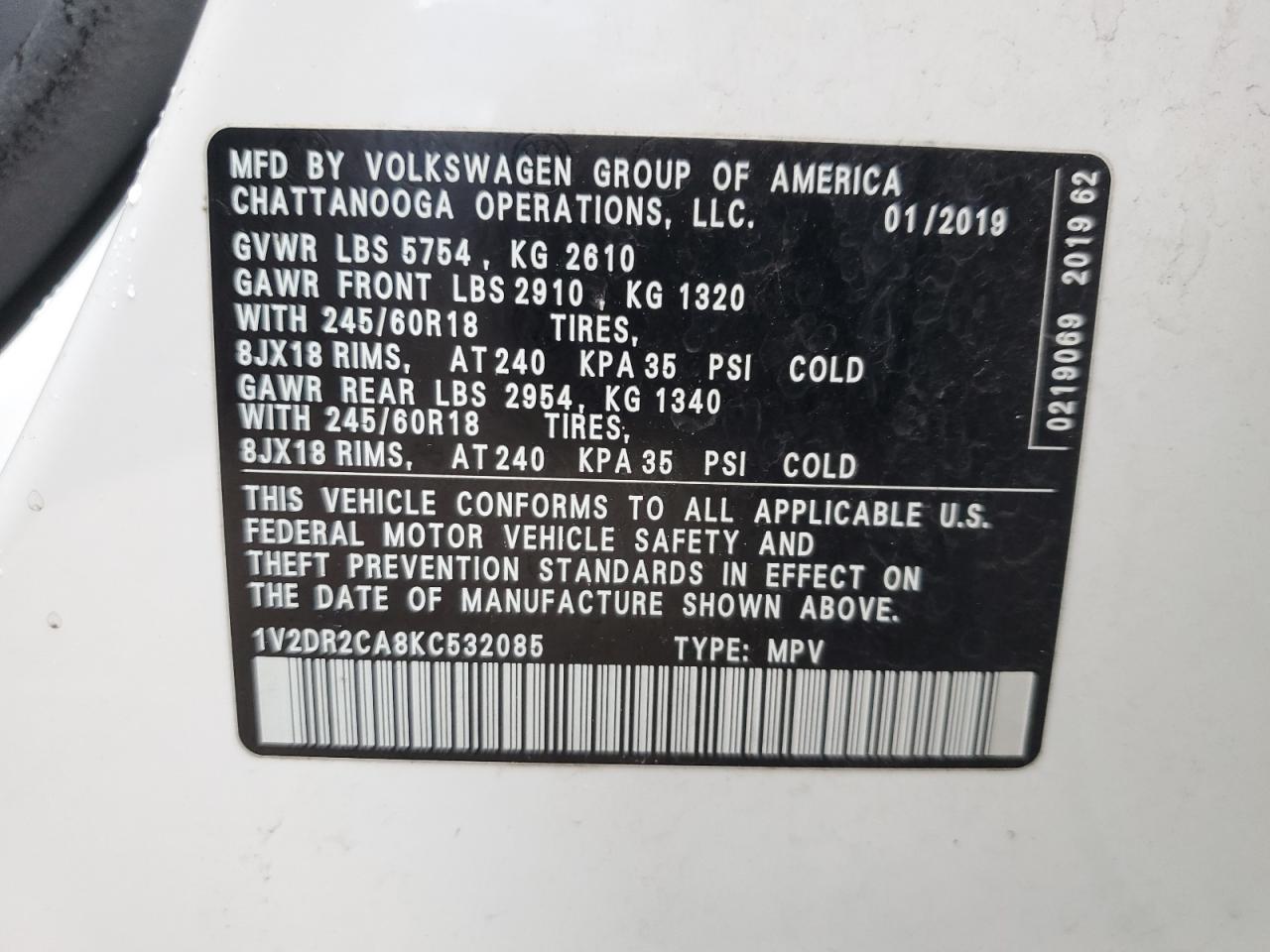 1V2DR2CA8KC532085 2019 Volkswagen Atlas Se