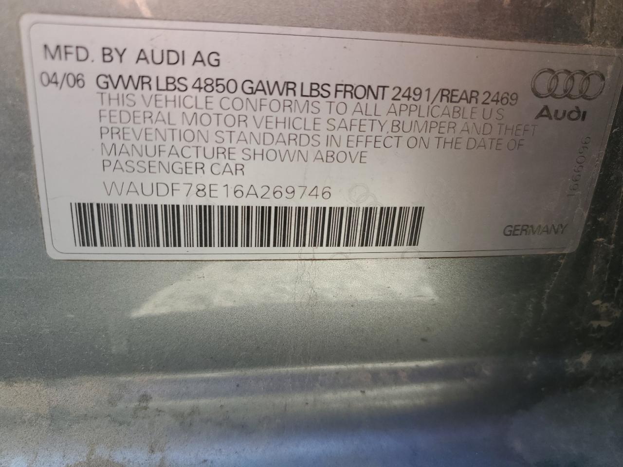 WAUDF78E16A269746 2006 Audi A4 2.0T Quattro
