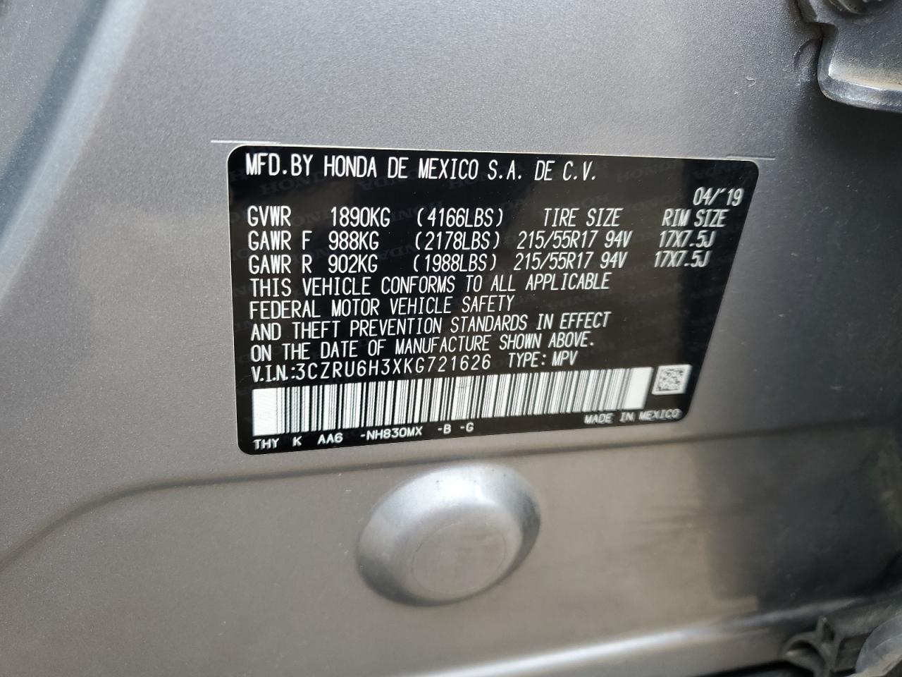 3CZRU6H3XKG721626 2019 Honda Hr-V Lx