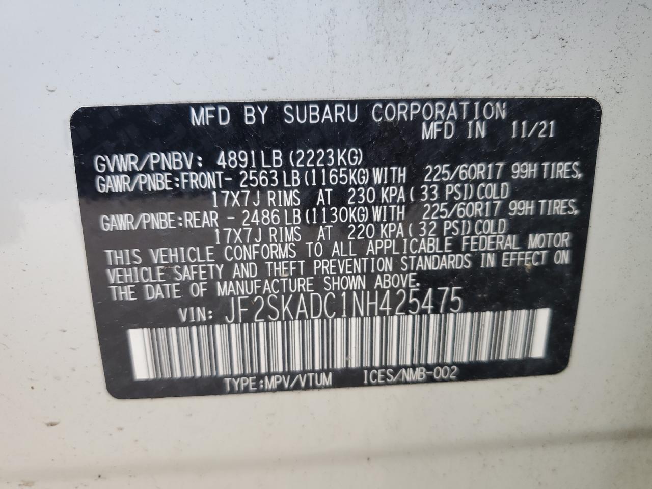 JF2SKADC1NH425475 2022 Subaru Forester Premium