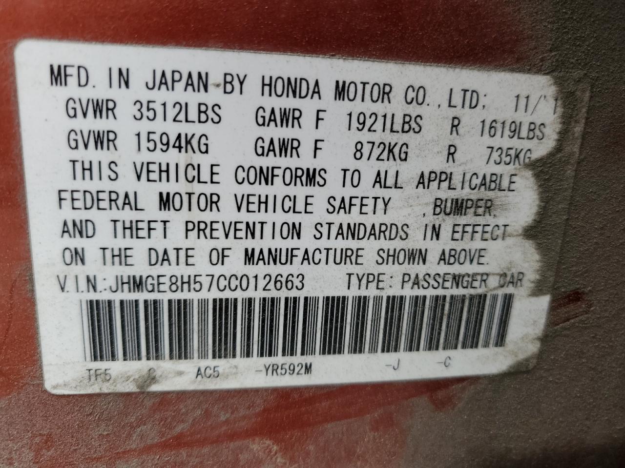 JHMGE8H57CC012663 2012 Honda Fit Sport