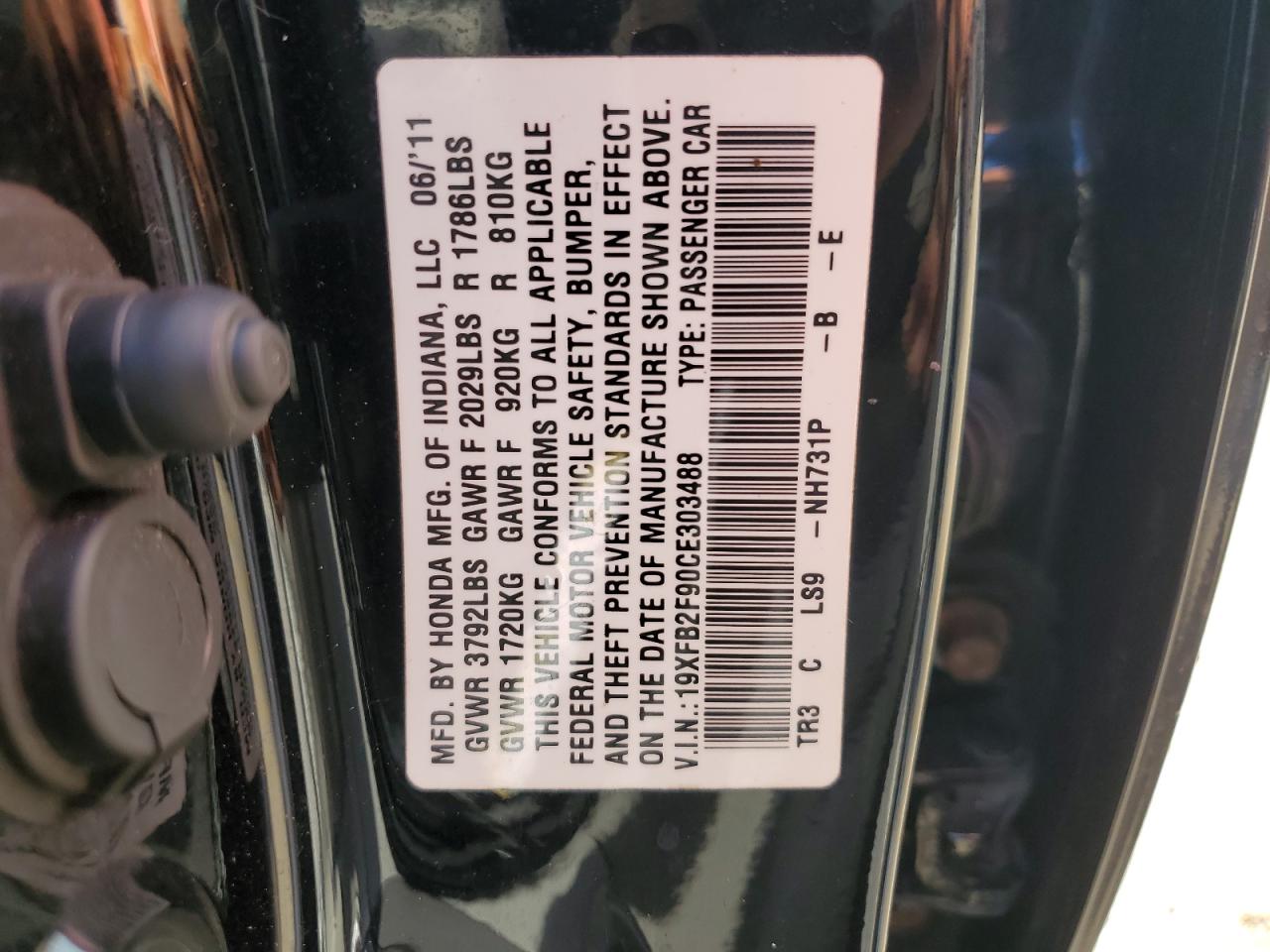 19XFB2F90CE303488 2012 Honda Civic Exl