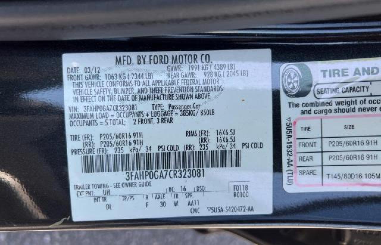 3FAHP0GA7CR323081 2012 Ford Fusion S