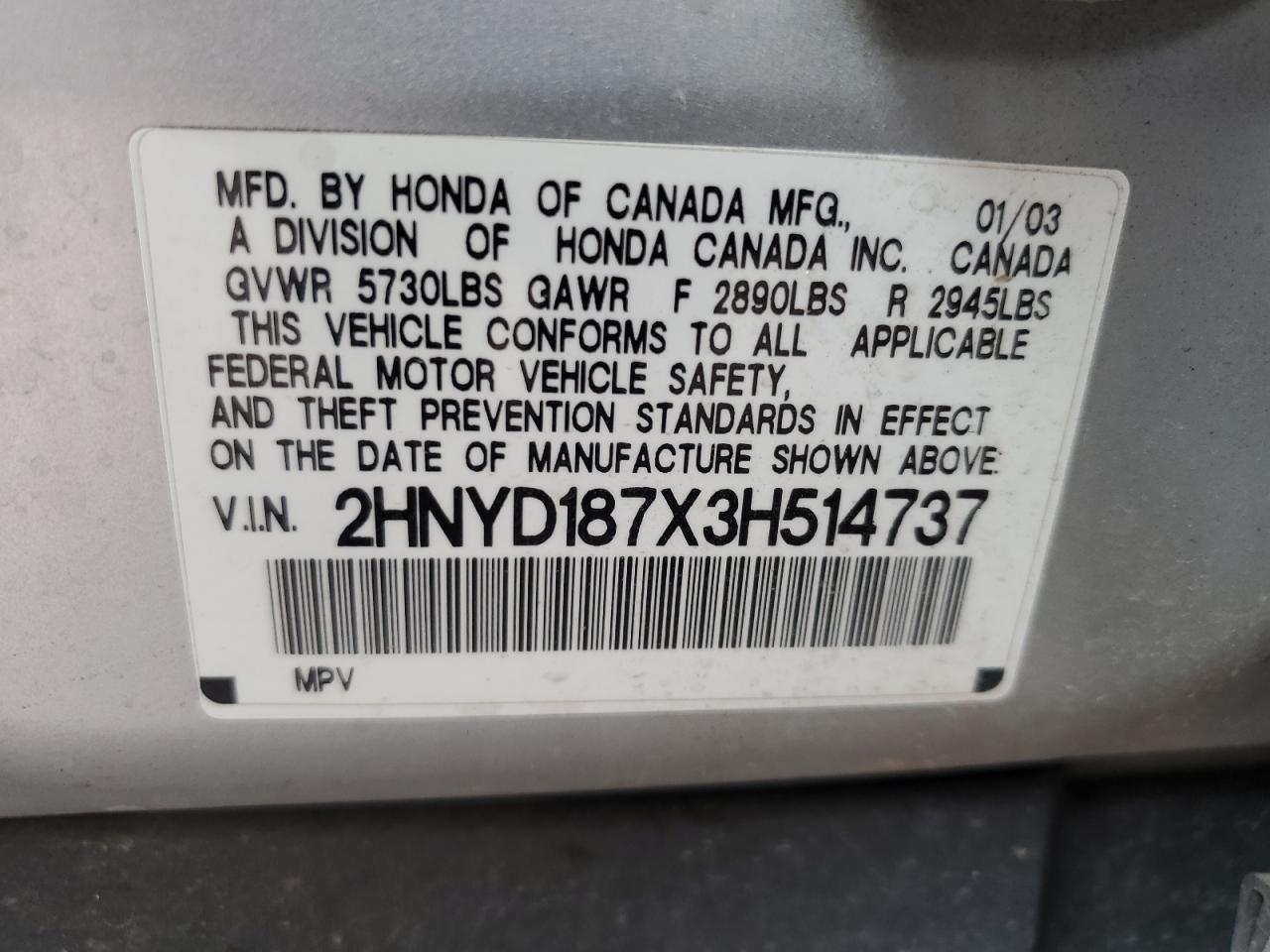 2HNYD187X3H514737 2003 Acura Mdx Touring