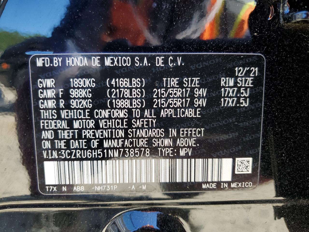 3CZRU6H51NM738578 2022 Honda Hr-V Ex