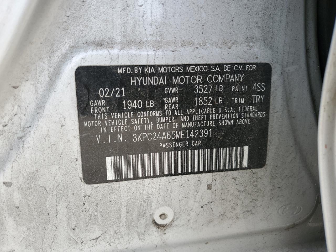 3KPC24A65ME142391 2021 Hyundai Accent Se