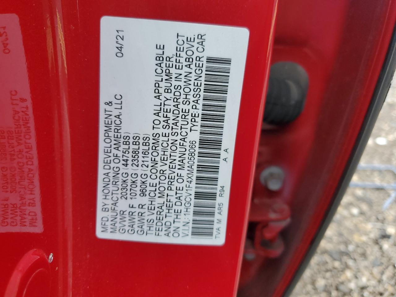 1HGCV1F4XMA058066 2021 Honda Accord Sport Se