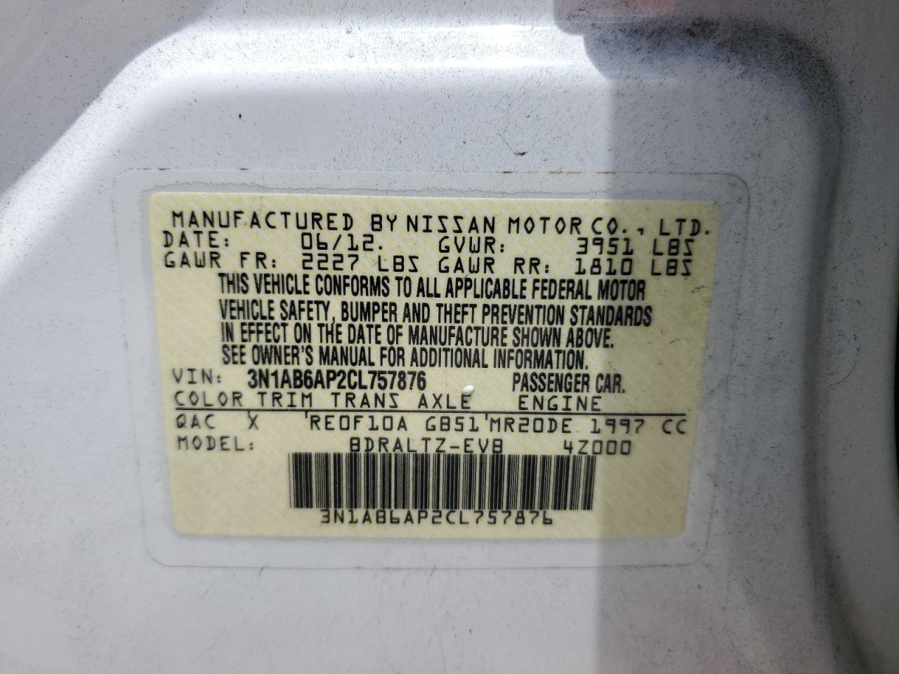 3N1AB6AP2CL757876 2012 Nissan Sentra 2.0