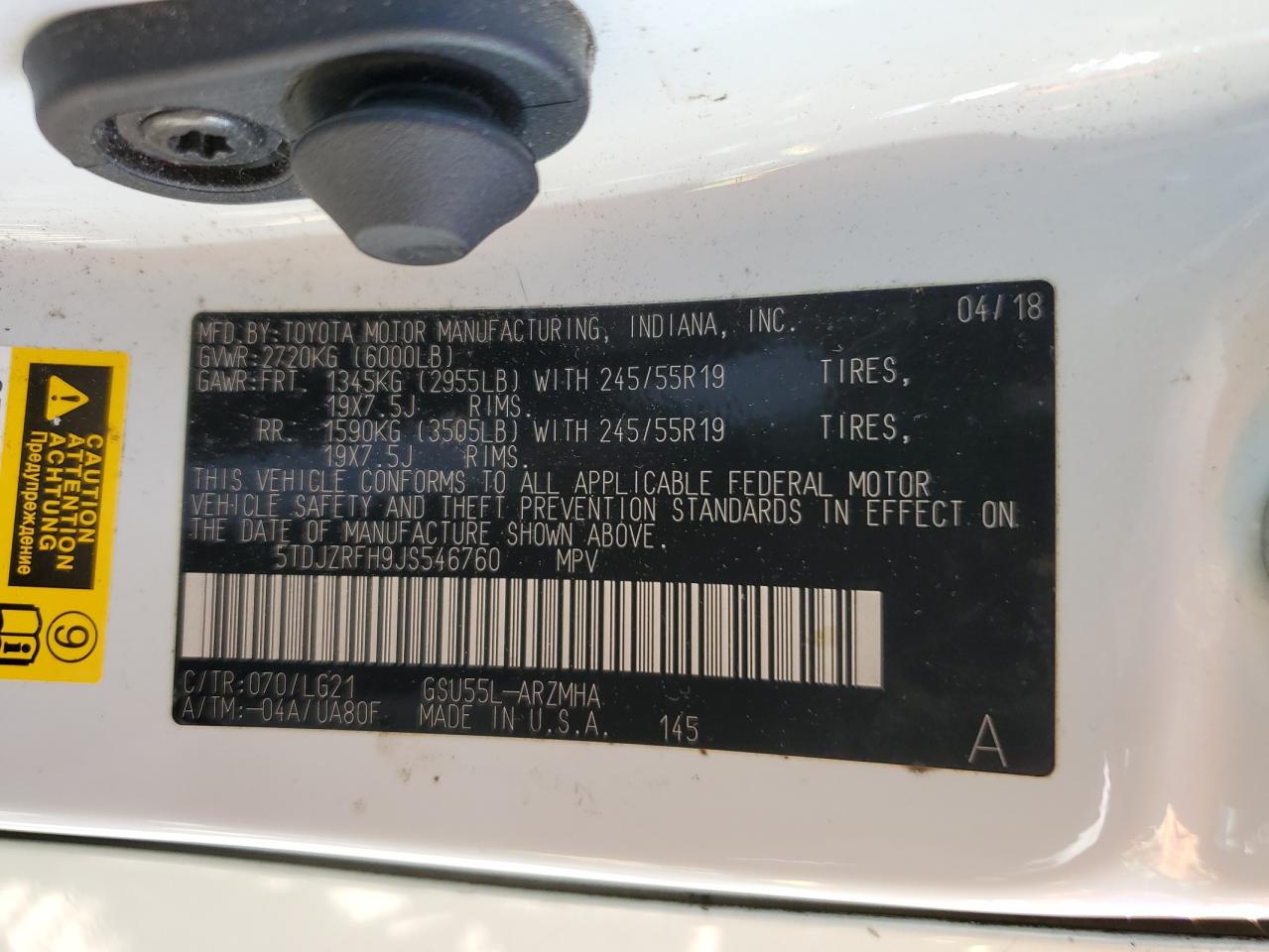 5TDJZRFH9JS546760 2018 Toyota Highlander Se