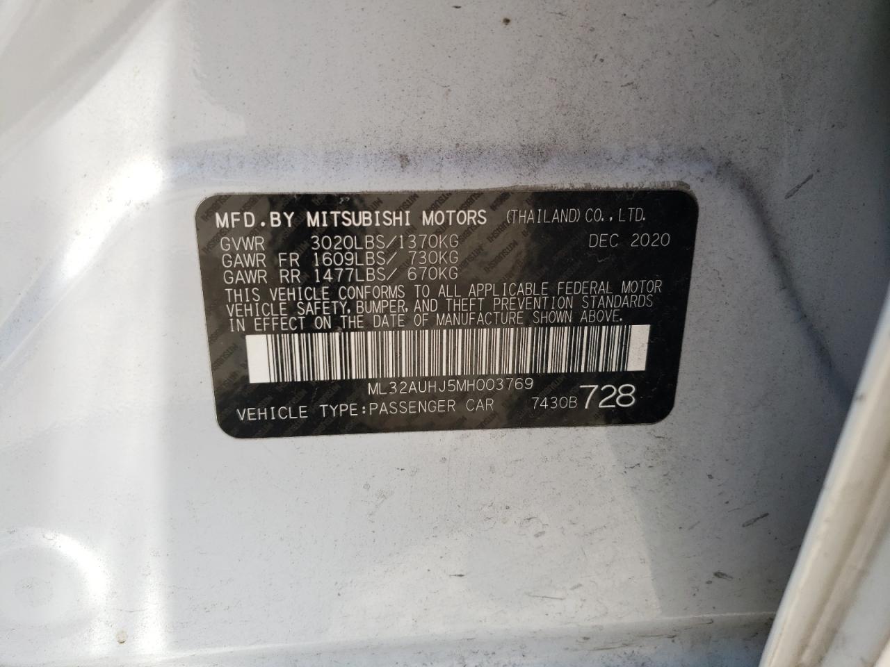 ML32AUHJ5MH003769 2021 Mitsubishi Mirage Es