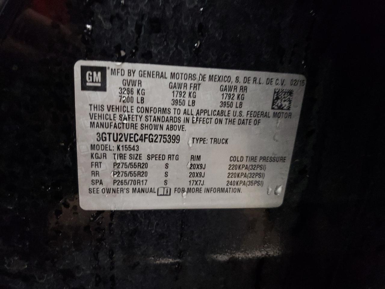 3GTU2VEC4FG275399 2015 GMC Sierra K1500 Slt