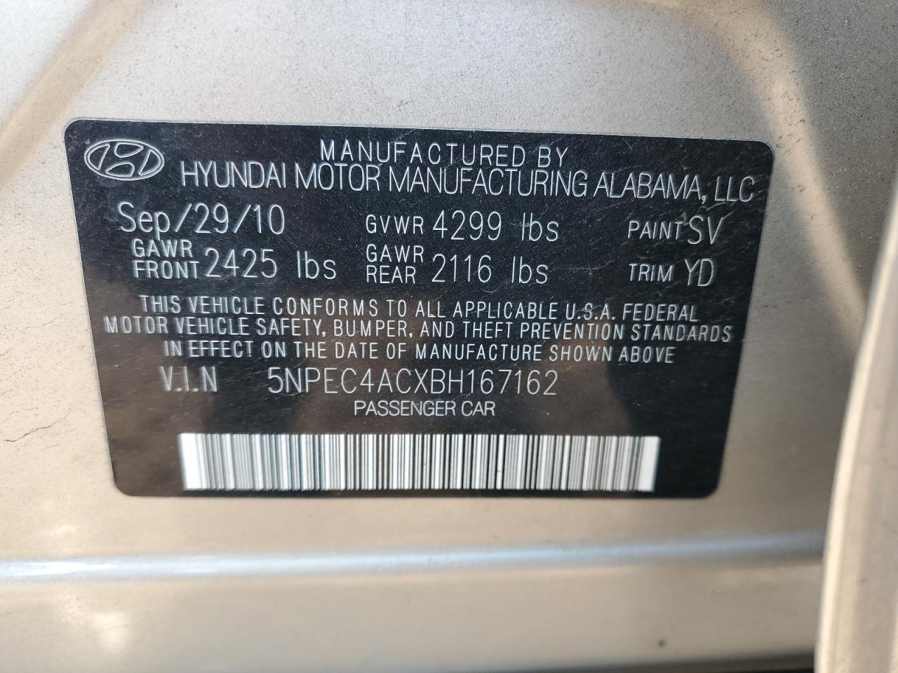 5NPEC4ACXBH167162 2011 Hyundai Sonata Se