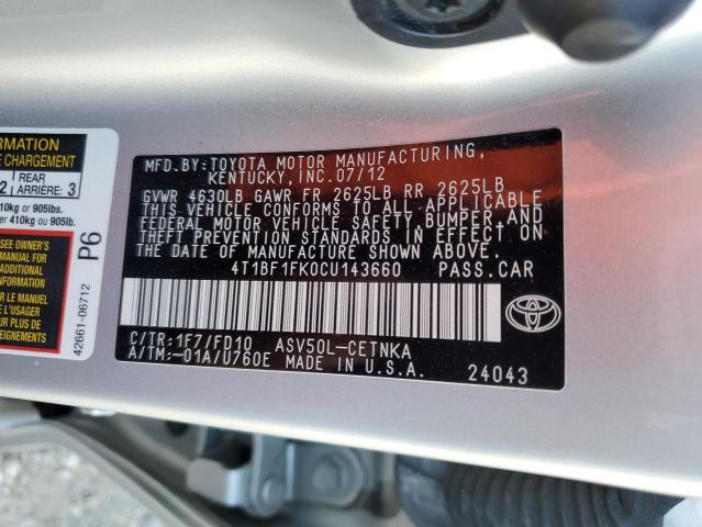 2012 Toyota Camry Base VIN: 4T1BF1FK0CU143660 Lot: 59296004