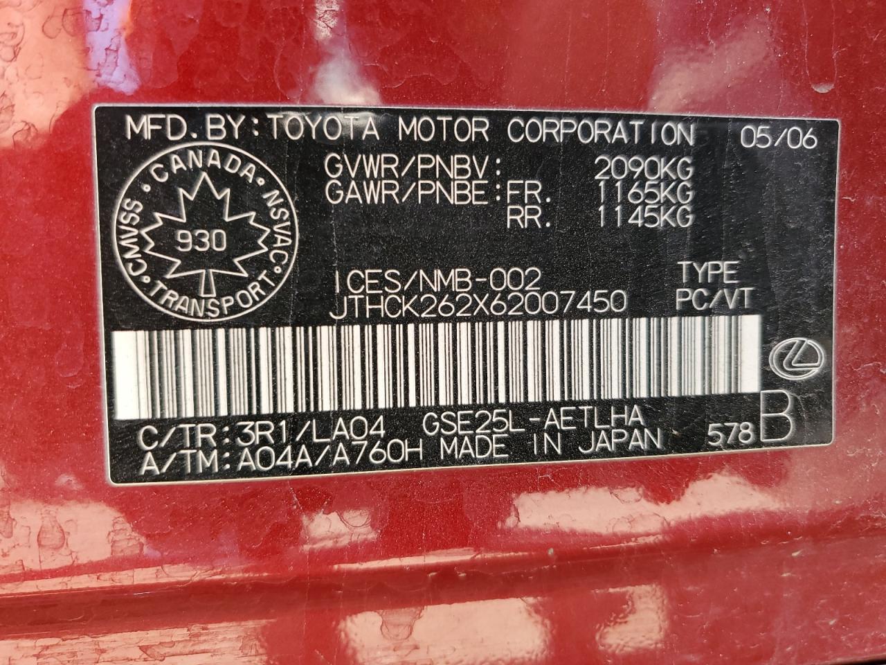 JTHCK262X62007450 2006 Lexus Is 250