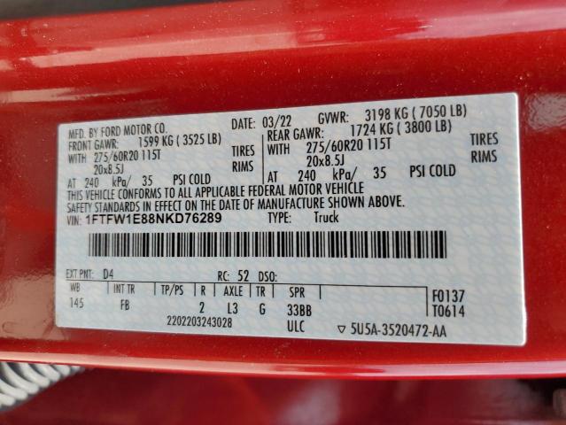 2022 Ford F150 Supercrew VIN: 1FTFW1E88NKD76289 Lot: 58171074