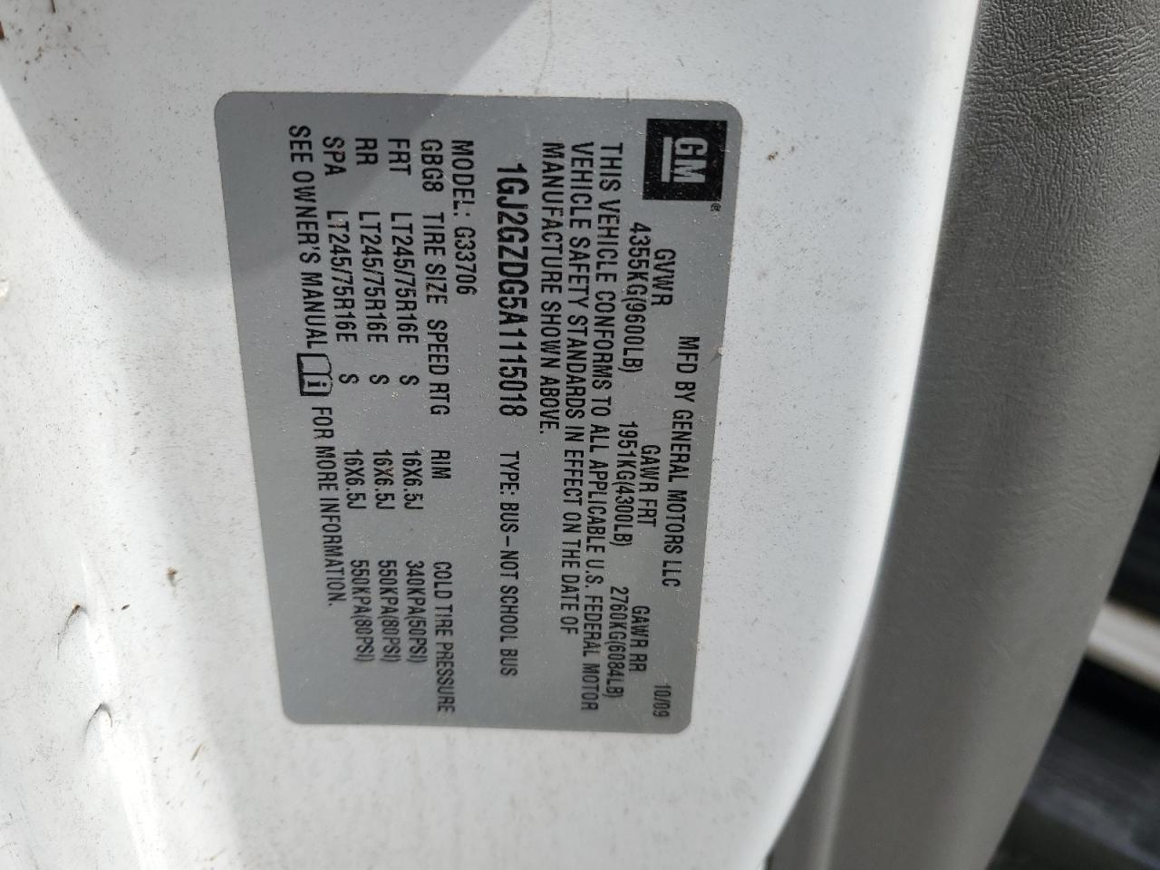 1GJ2GZDG5A1115018 2010 GMC Savana G3500 Ls