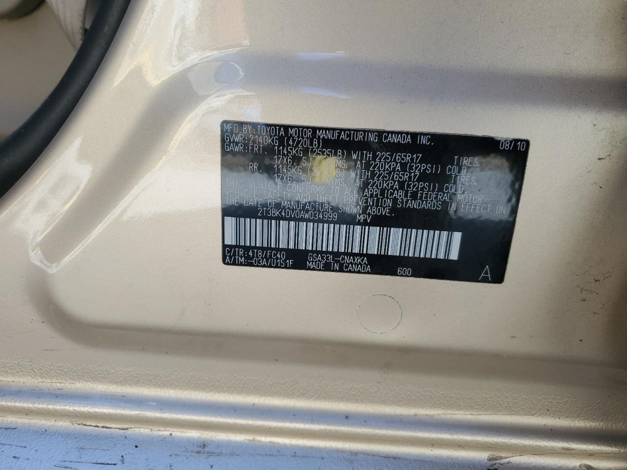 2T3BK4DV0AW034999 2010 Toyota Rav4