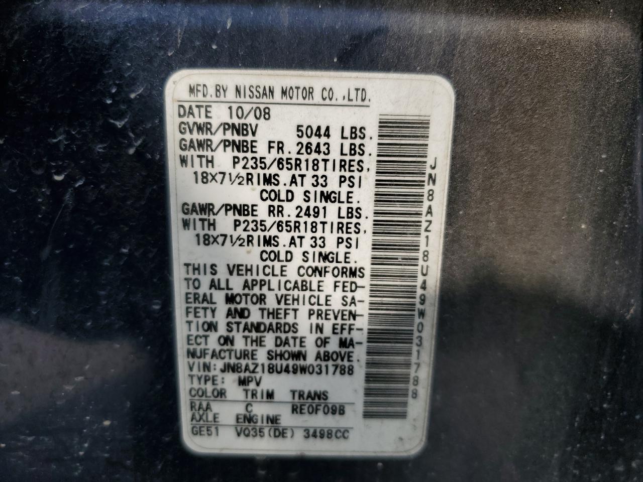 JN8AZ18U49W031788 2009 Nissan Murano S