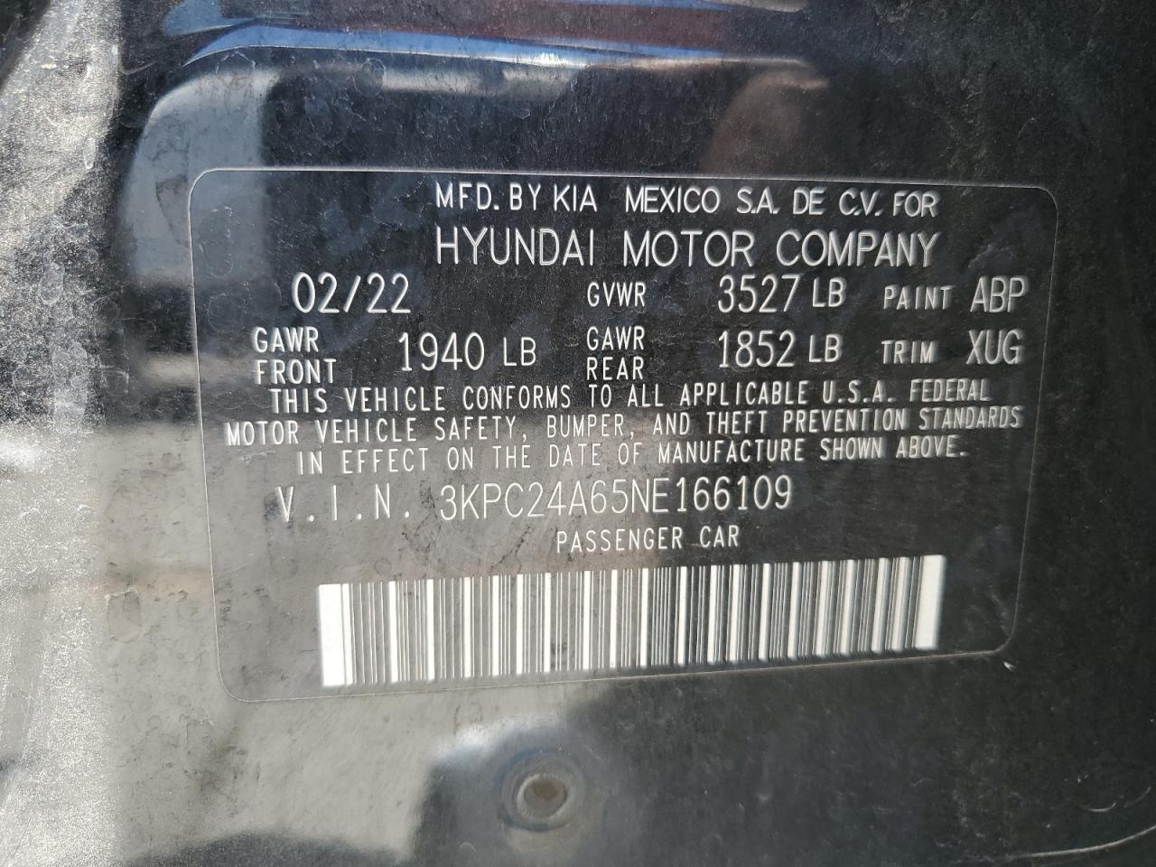 3KPC24A65NE166109 2022 Hyundai Accent Se