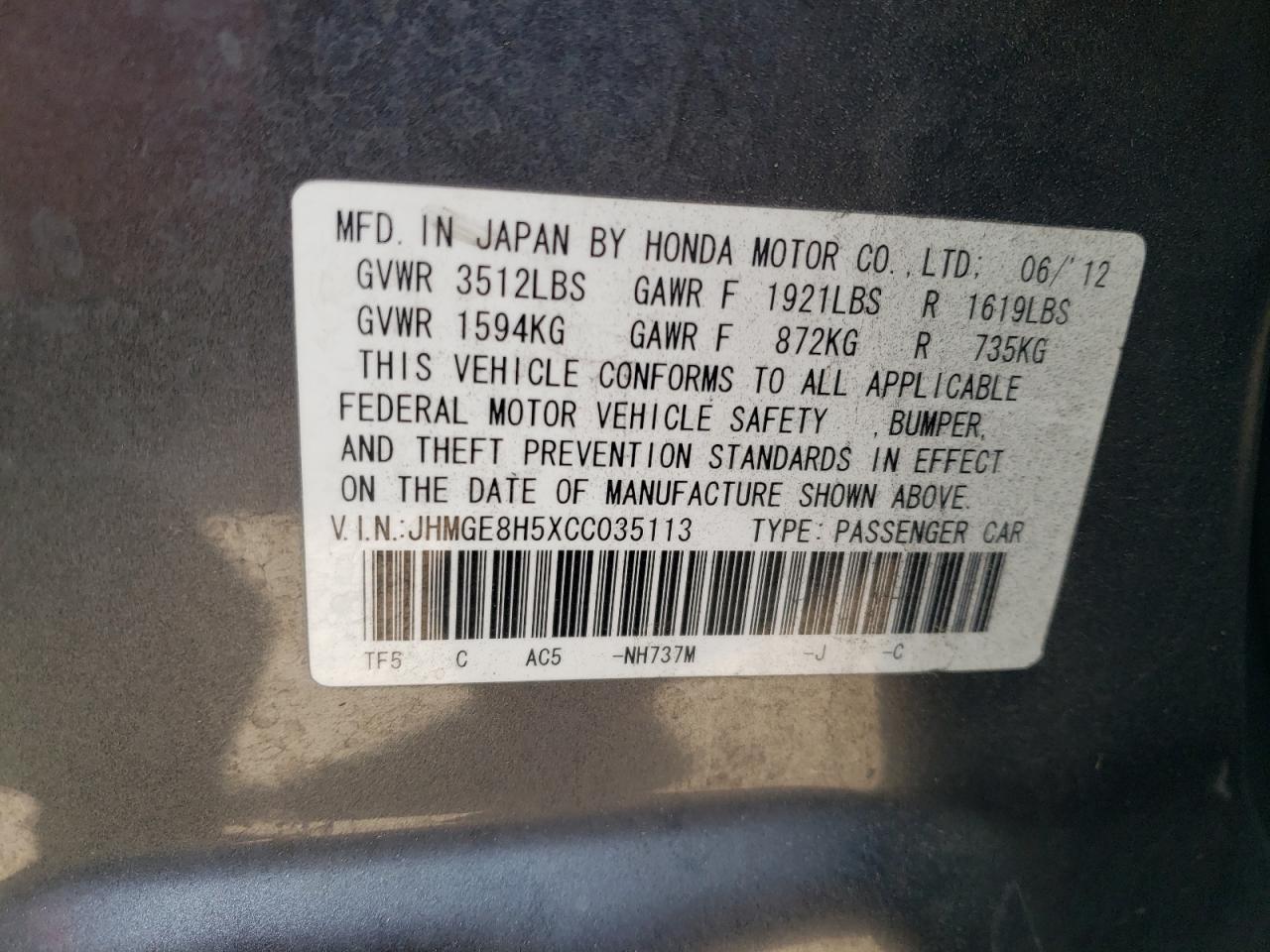 JHMGE8H5XCC035113 2012 Honda Fit Sport