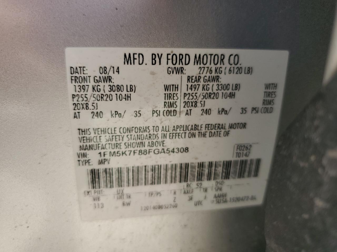 1FM5K7F88FGA54308 2015 Ford Explorer Limited