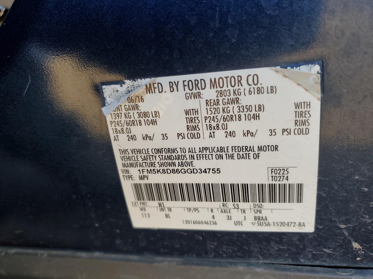 1FM5K8D86GGD34755 2016 Ford Explorer Xlt