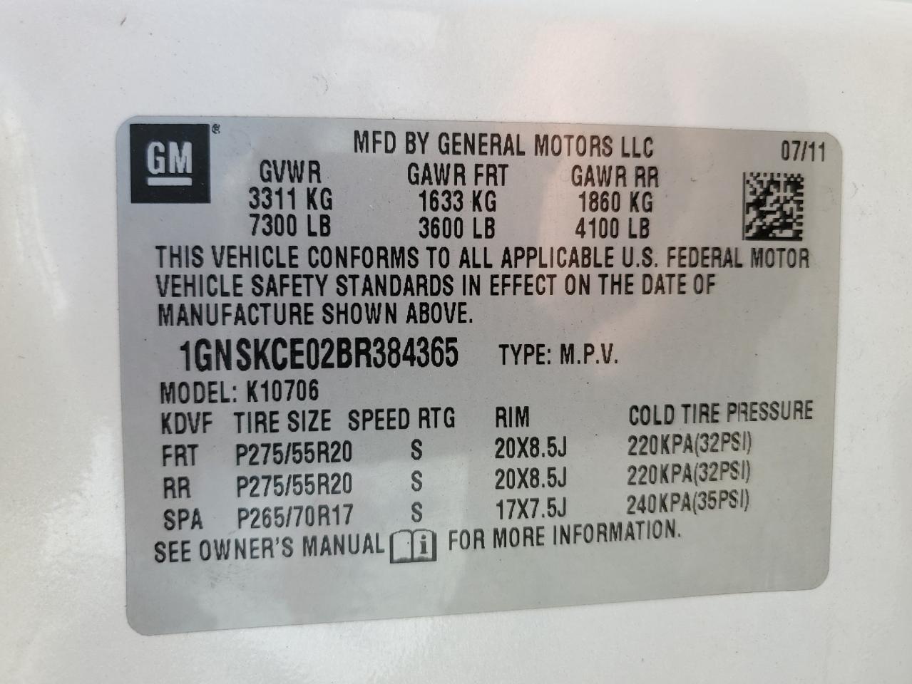 1GNSKCE02BR384365 2011 Chevrolet Tahoe K1500 Ltz