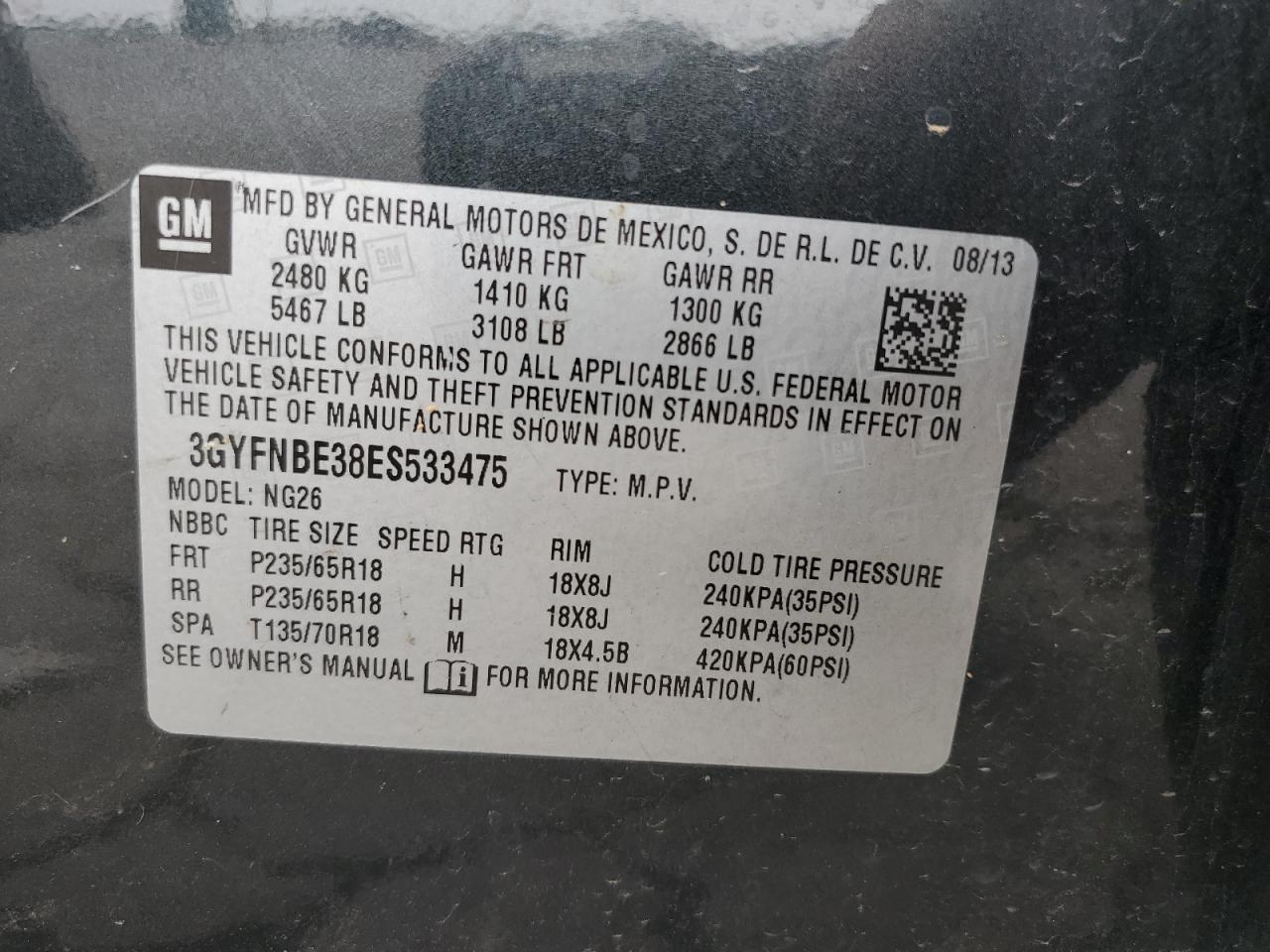 3GYFNBE38ES533475 2014 Cadillac Srx Luxury Collection