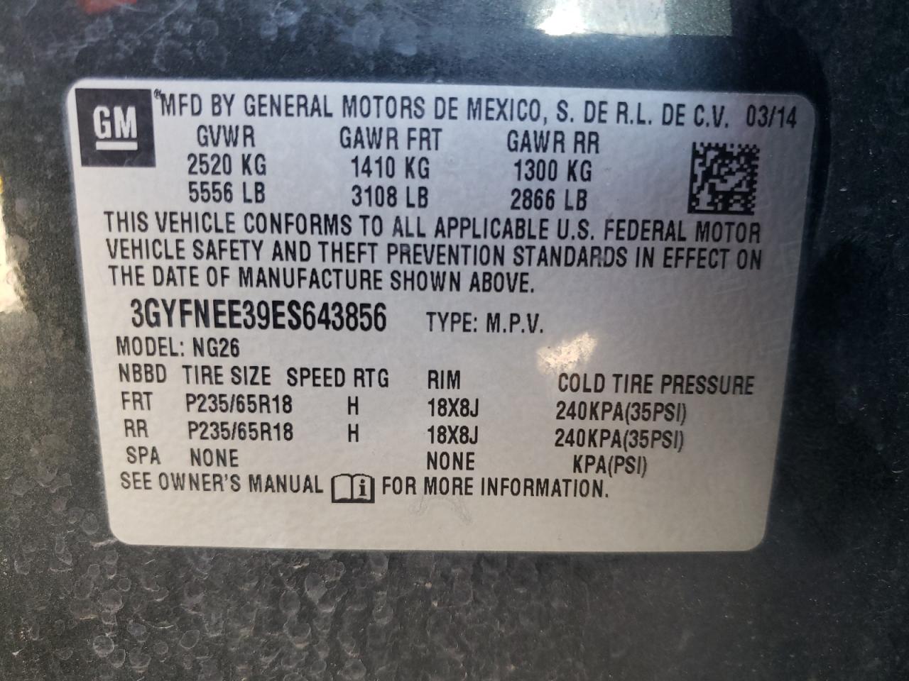 3GYFNEE39ES643856 2014 Cadillac Srx Luxury Collection