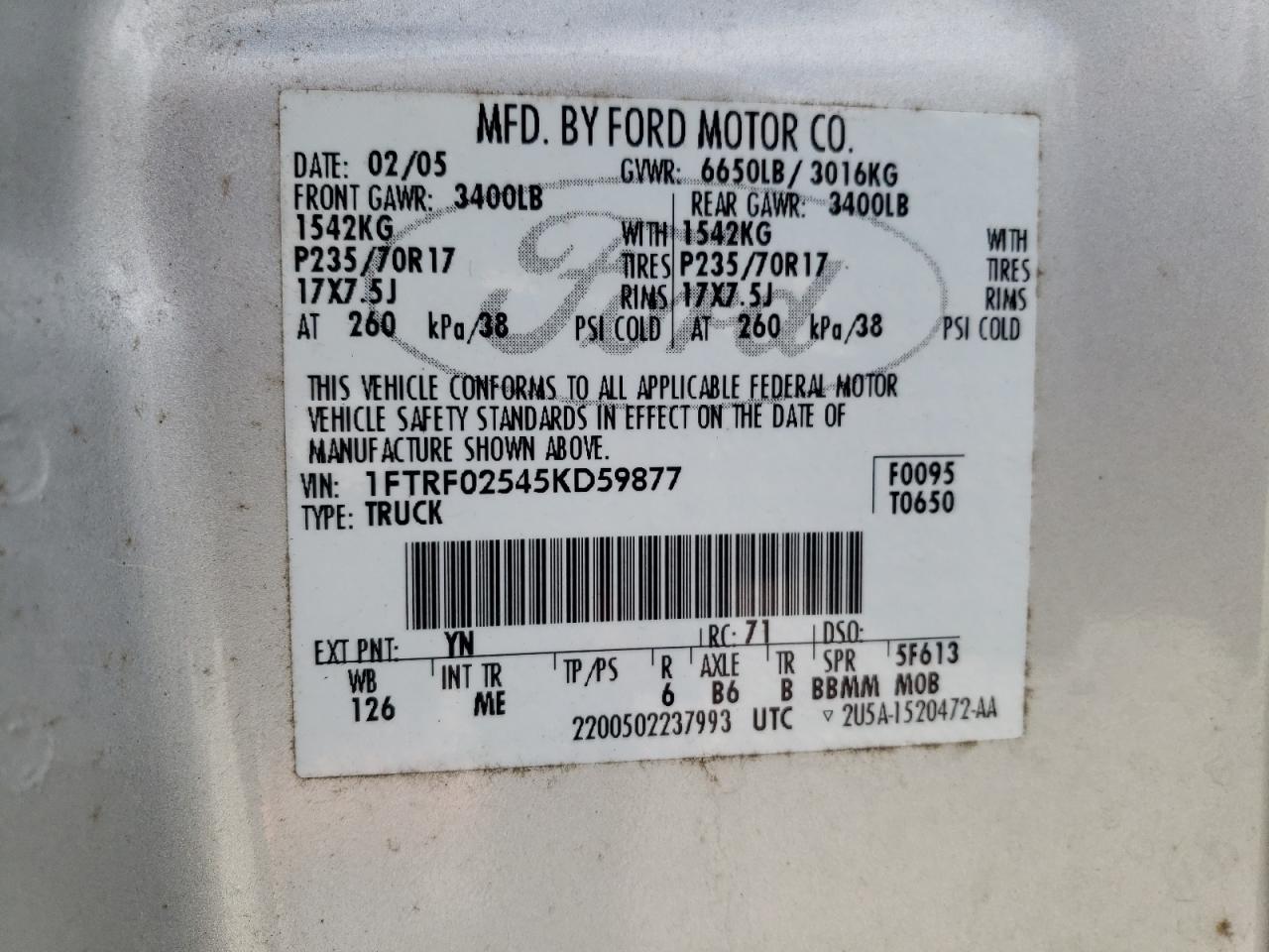 1FTRF02545KD59877 2005 Ford F150