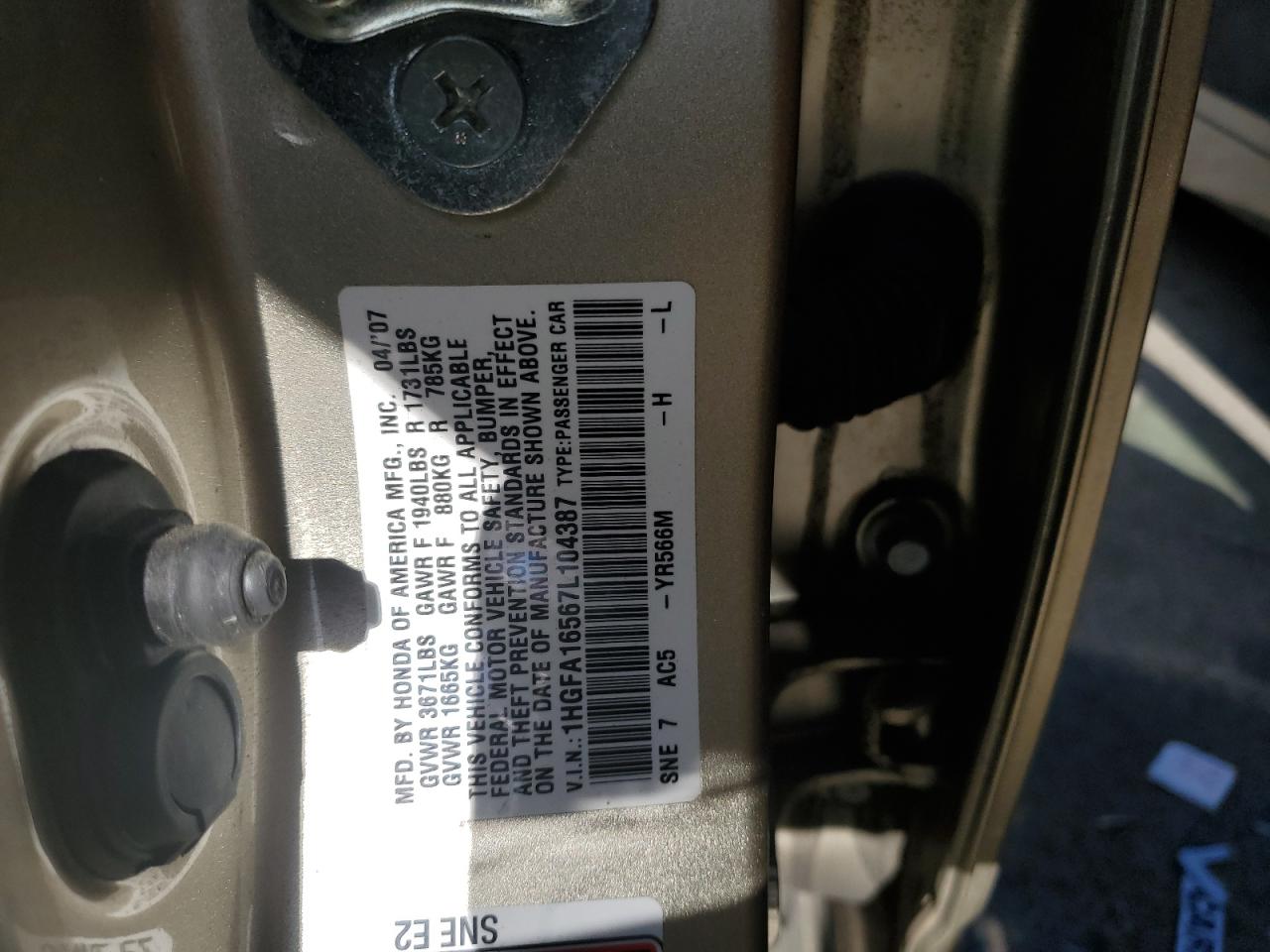 1HGFA16567L104387 2007 Honda Civic Lx