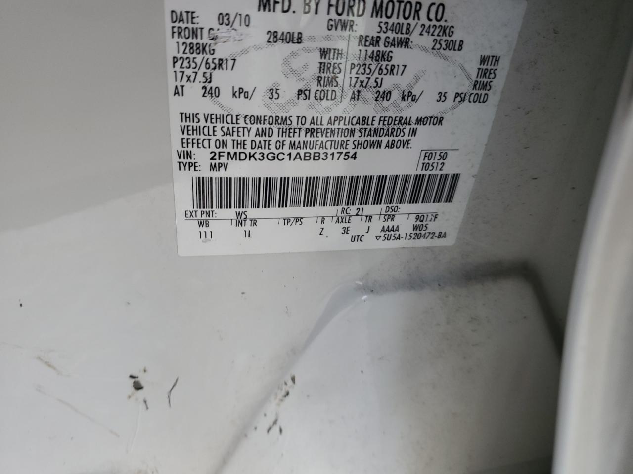 2FMDK3GC1ABB31754 2010 Ford Edge Se