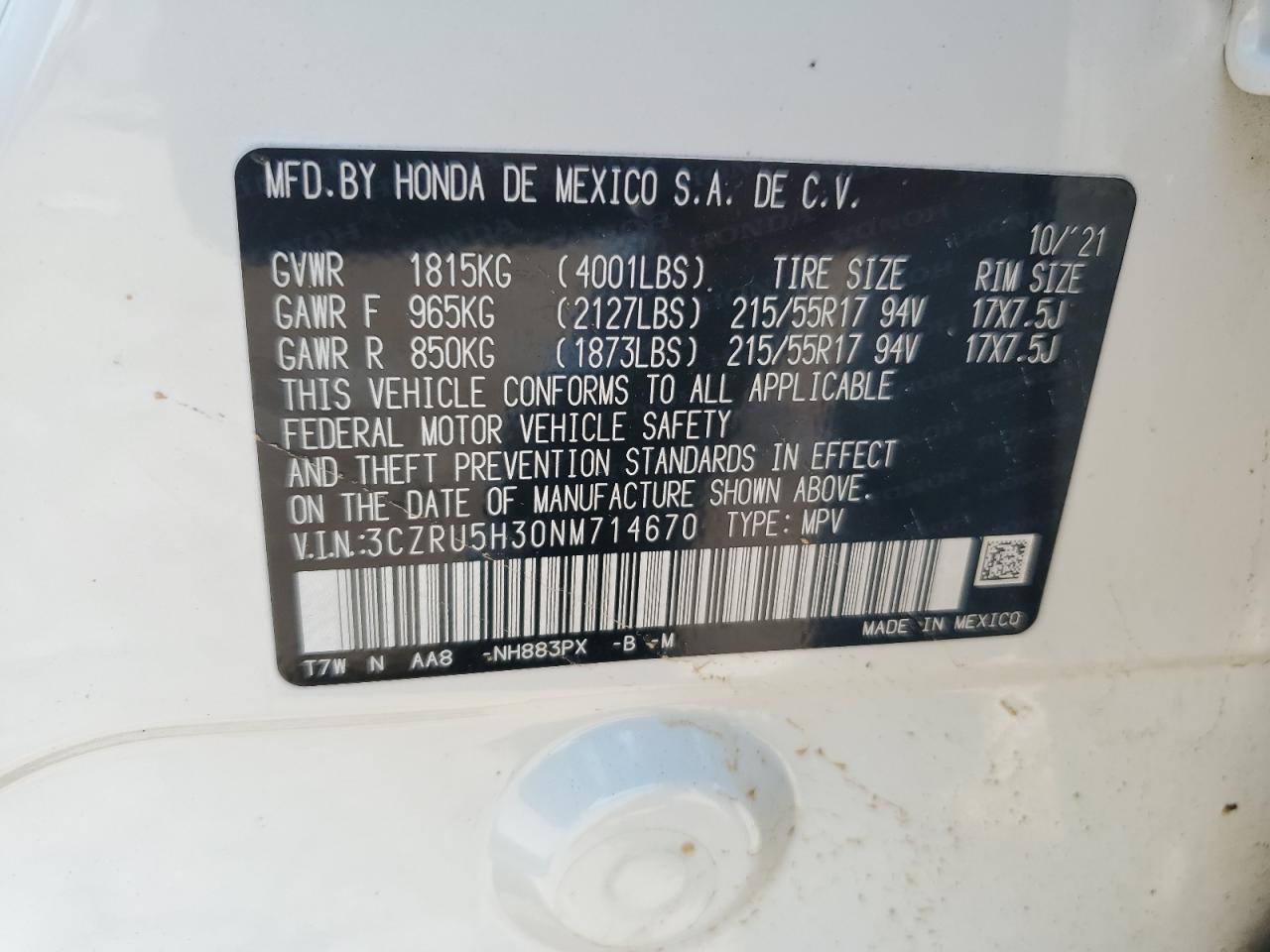 3CZRU5H30NM714670 2022 Honda Hr-V Lx