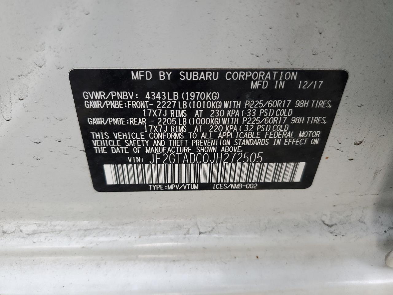 JF2GTADC0JH272505 2018 Subaru Crosstrek Premium