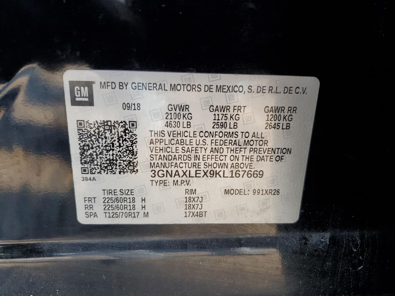 3GNAXLEX9KL167669 2019 Chevrolet Equinox Lt