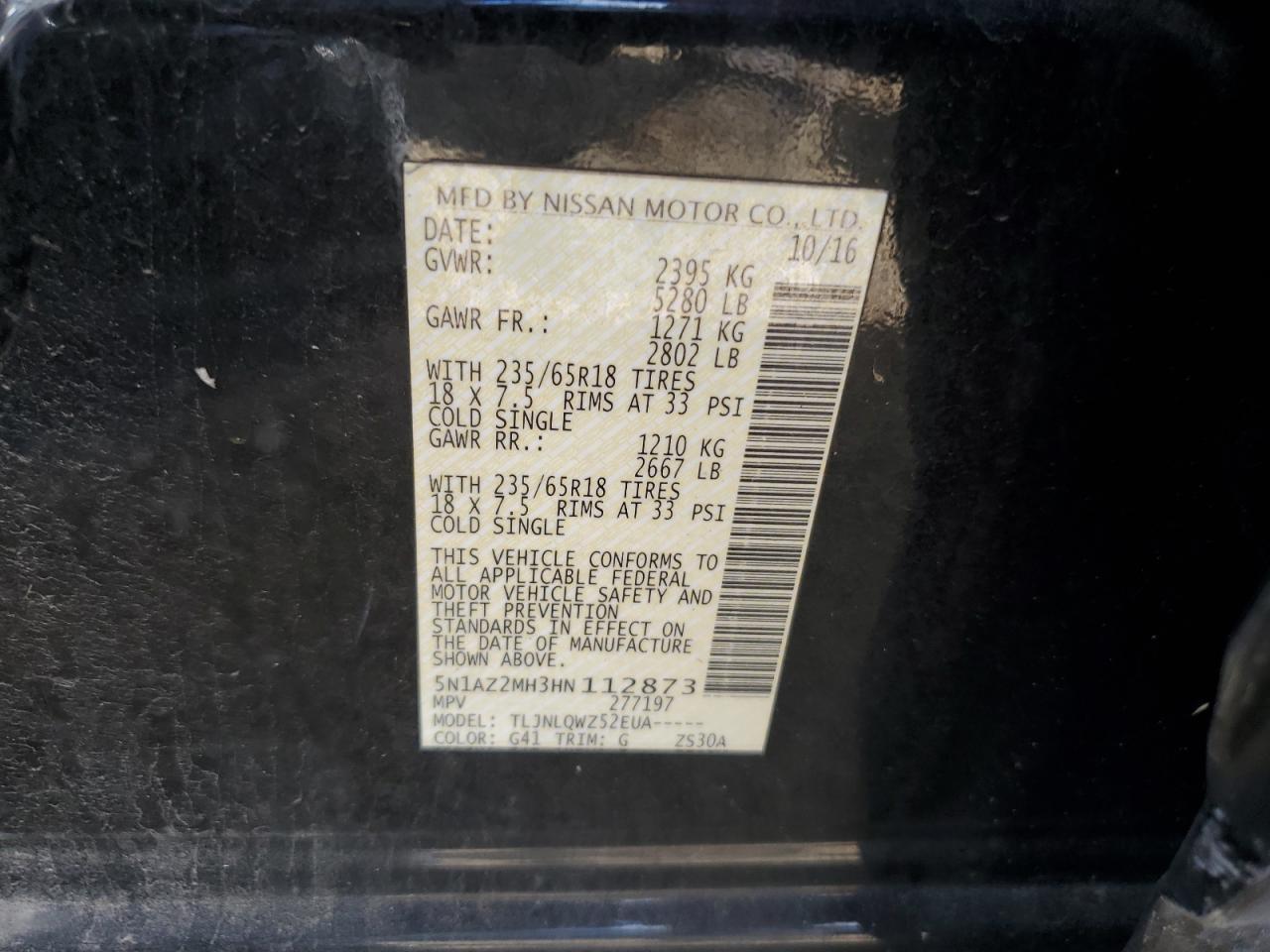 5N1AZ2MH3HN112873 2017 Nissan Murano S