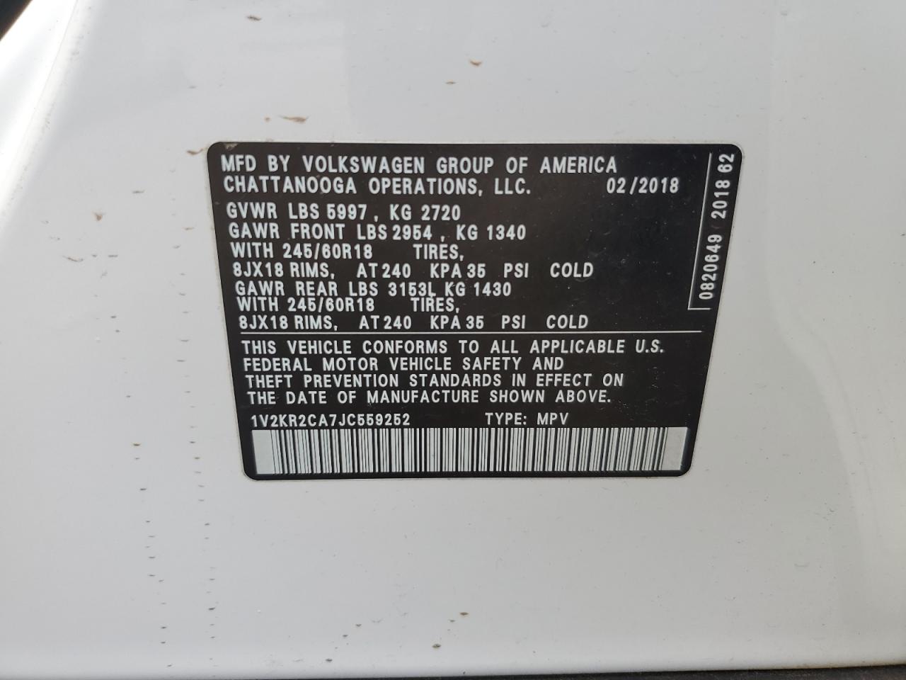 1V2KR2CA7JC559252 2018 Volkswagen Atlas Se