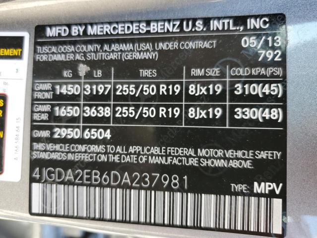 2013 Mercedes-Benz Ml 350 Bluetec VIN: 4JGDA2EB6DA237981 Lot: 58250394