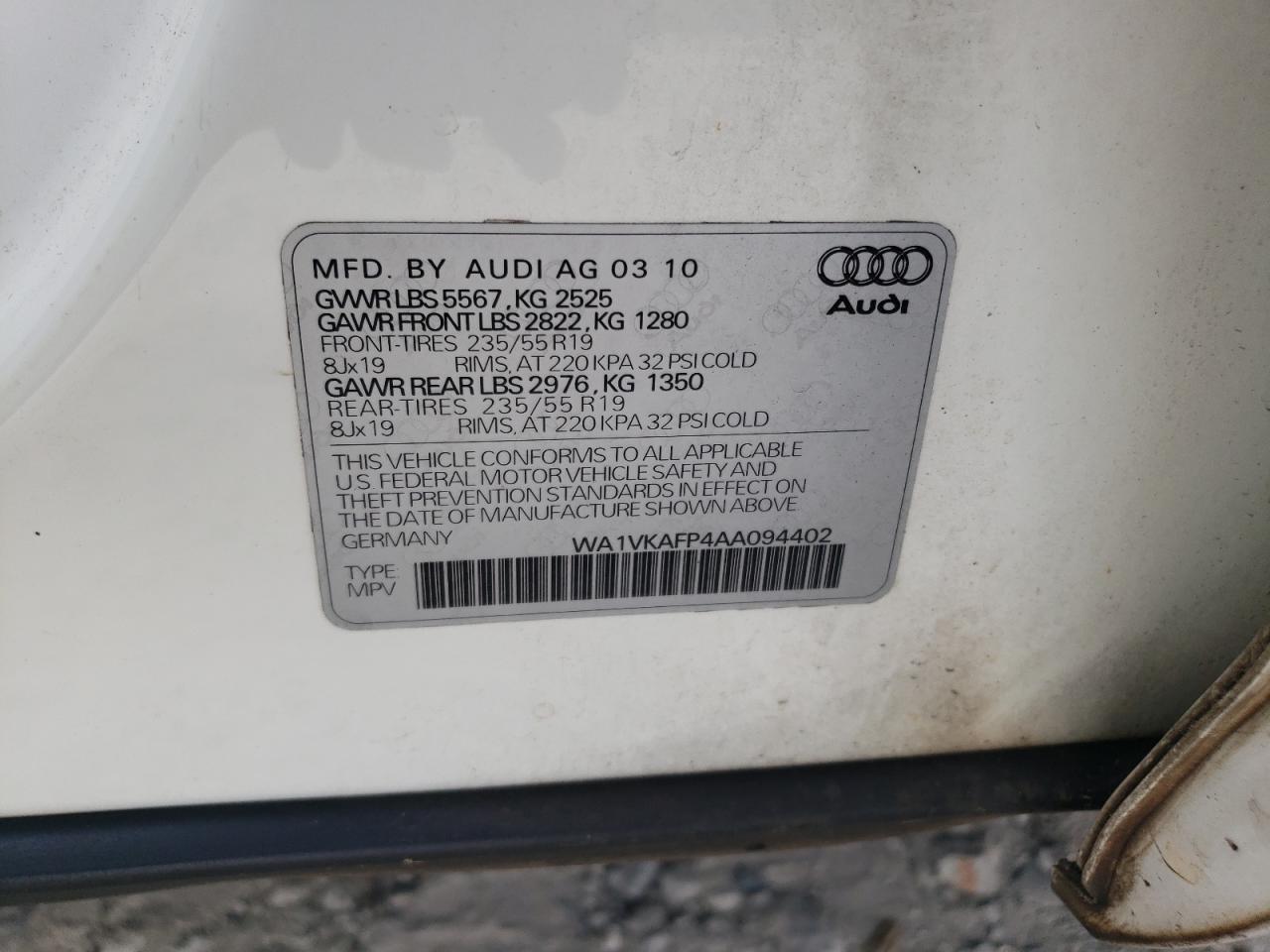 WA1VKAFP4AA094402 2010 Audi Q5 Prestige