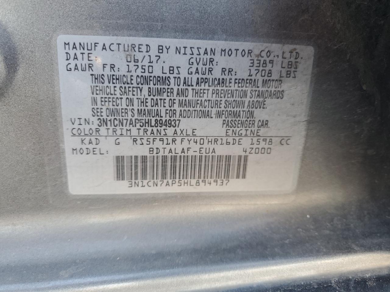 3N1CN7AP5HL894937 2017 Nissan Versa S