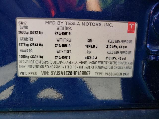 2017 Tesla Model S VIN: 5YJSA1E28HF189967 Lot: 58510774