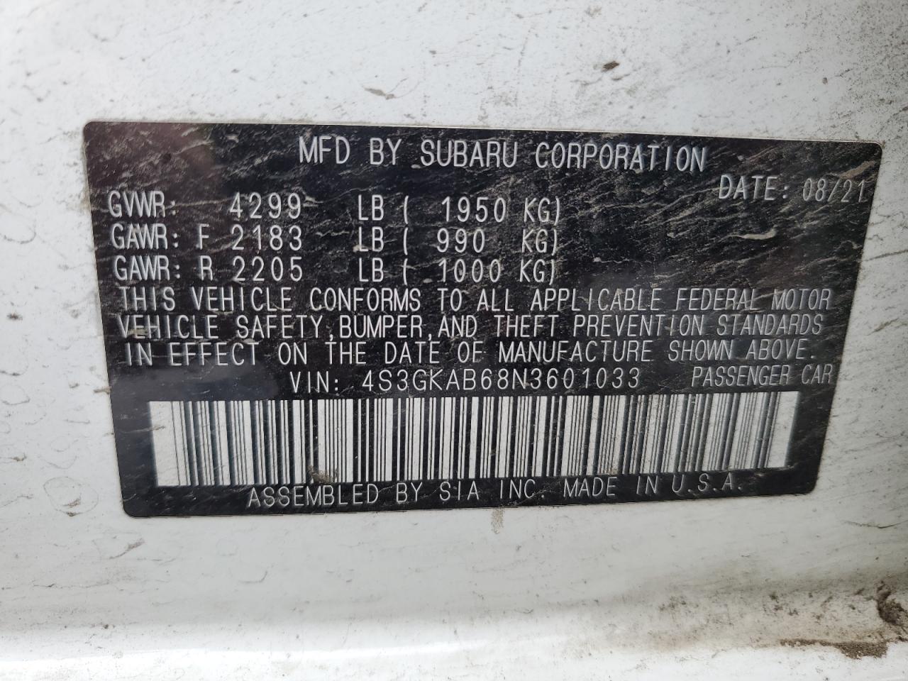 4S3GKAB68N3601033 2022 Subaru Impreza