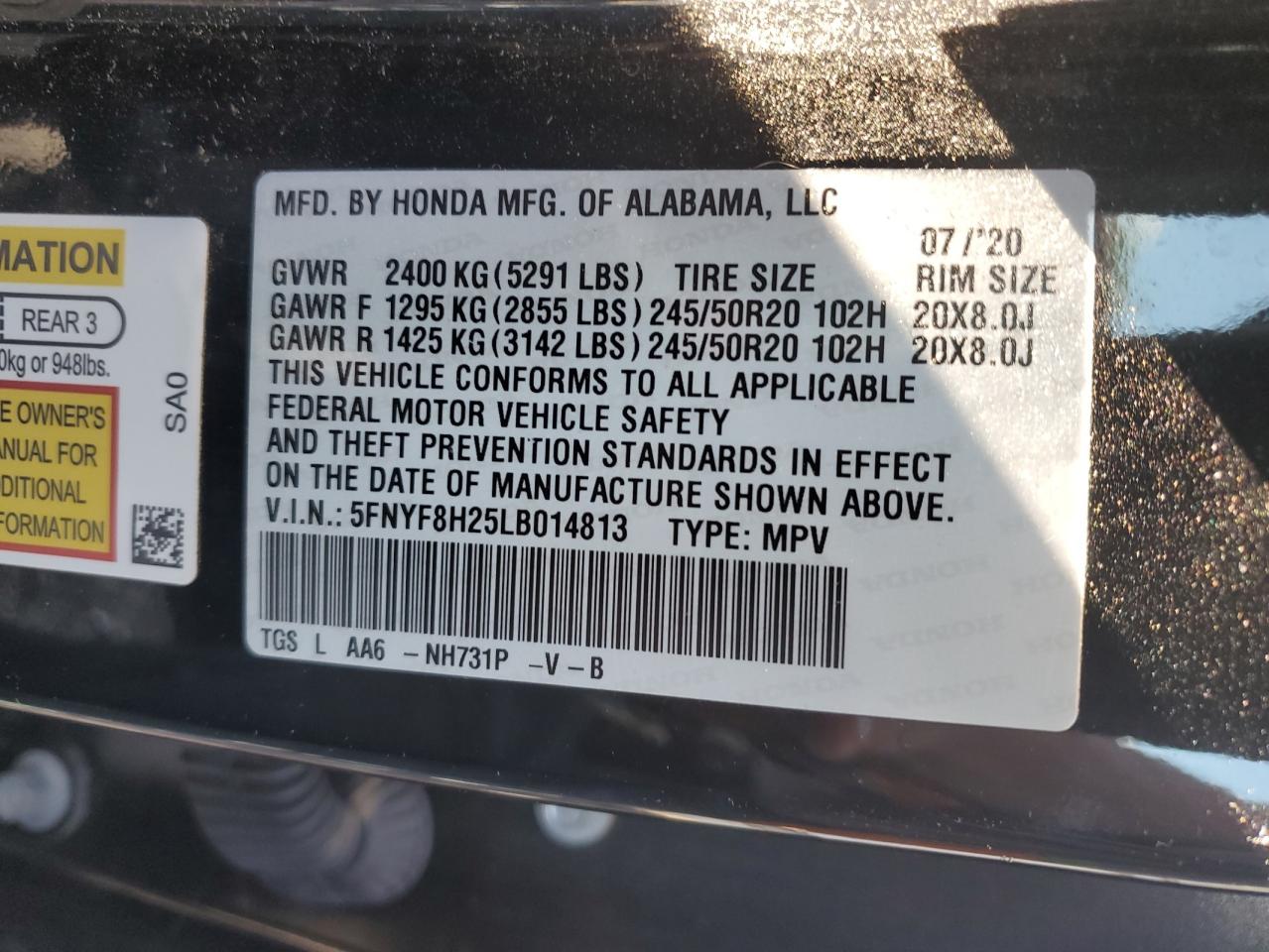 5FNYF8H25LB014813 2020 Honda Passport Sport