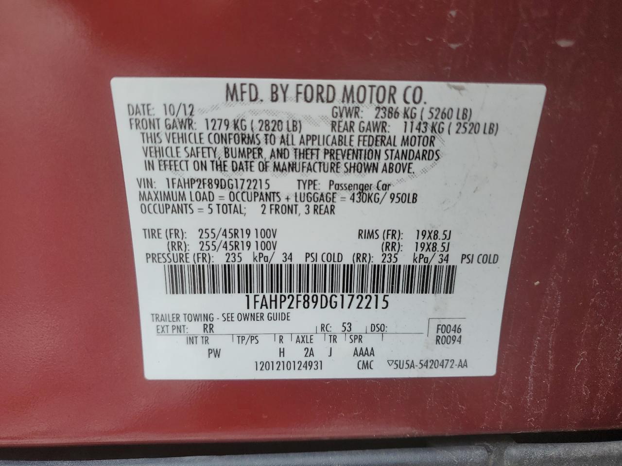 1FAHP2F89DG172215 2013 Ford Taurus Limited