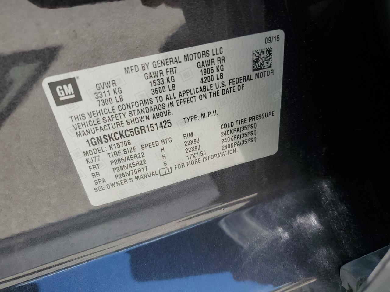 1GNSKCKC5GR151425 2016 Chevrolet Tahoe K1500 Ltz