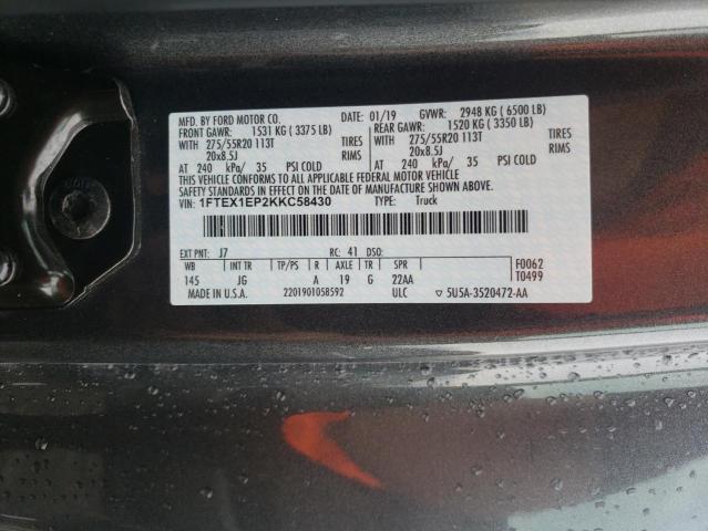 2019 Ford F150 Super Cab VIN: 1FTEX1EP2KKC58430 Lot: 60134014