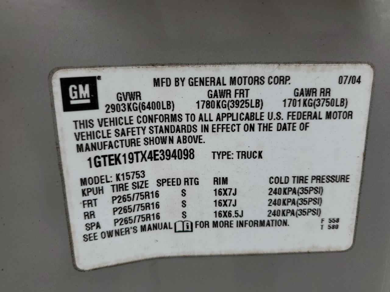1GTEK19TX4E394098 2004 GMC New Sierra K1500